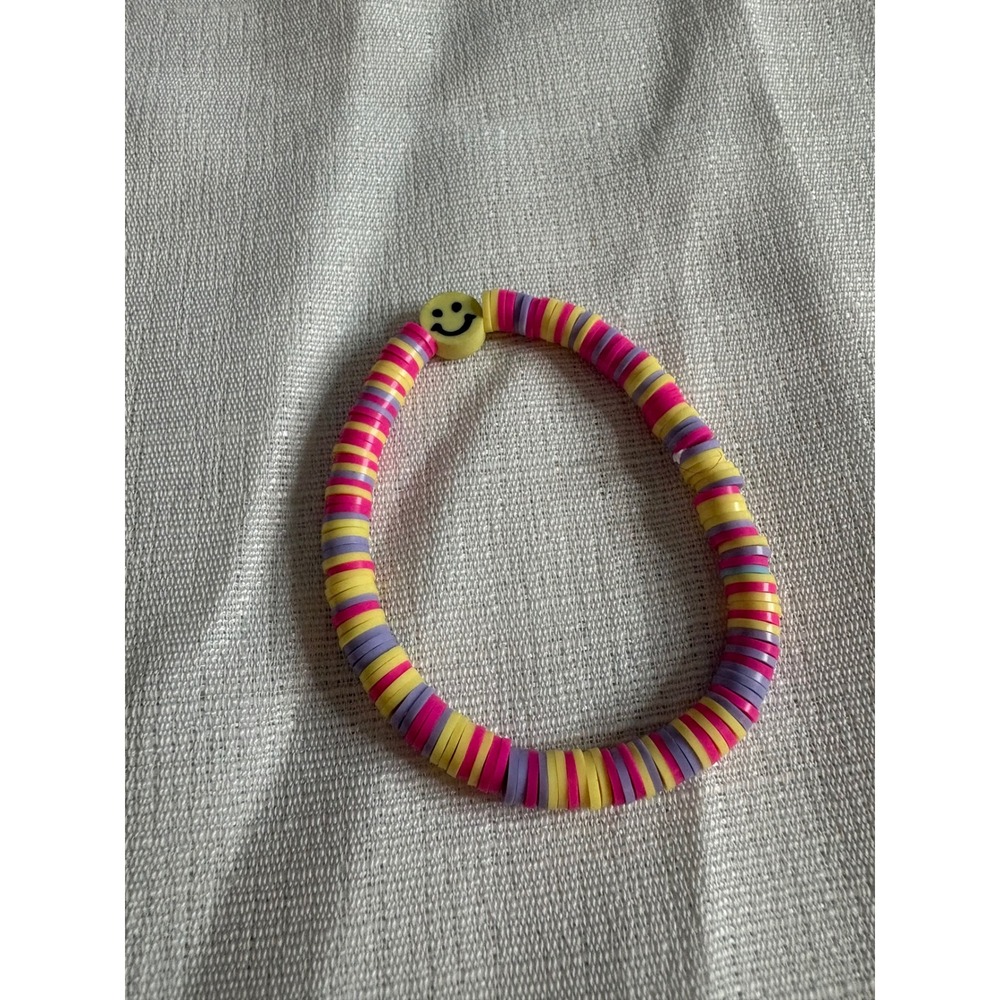 Colorful Clay Heishi Bead Smiley Face Stretch Bracelet Pink Purple Yellow